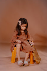 Girls Brown Cotton Flared Dress with Embroidery and Bell Sleeves – Casual & Party Wear