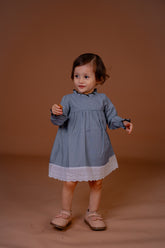 Baby Girl Blue Long Sleeve Dress with Ruffle Neck and Lace Hem – Elegant Party Wear