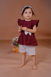 Maroon Striped Flutter Sleeve Top with White Shorts – Baby Girl Outfit Set