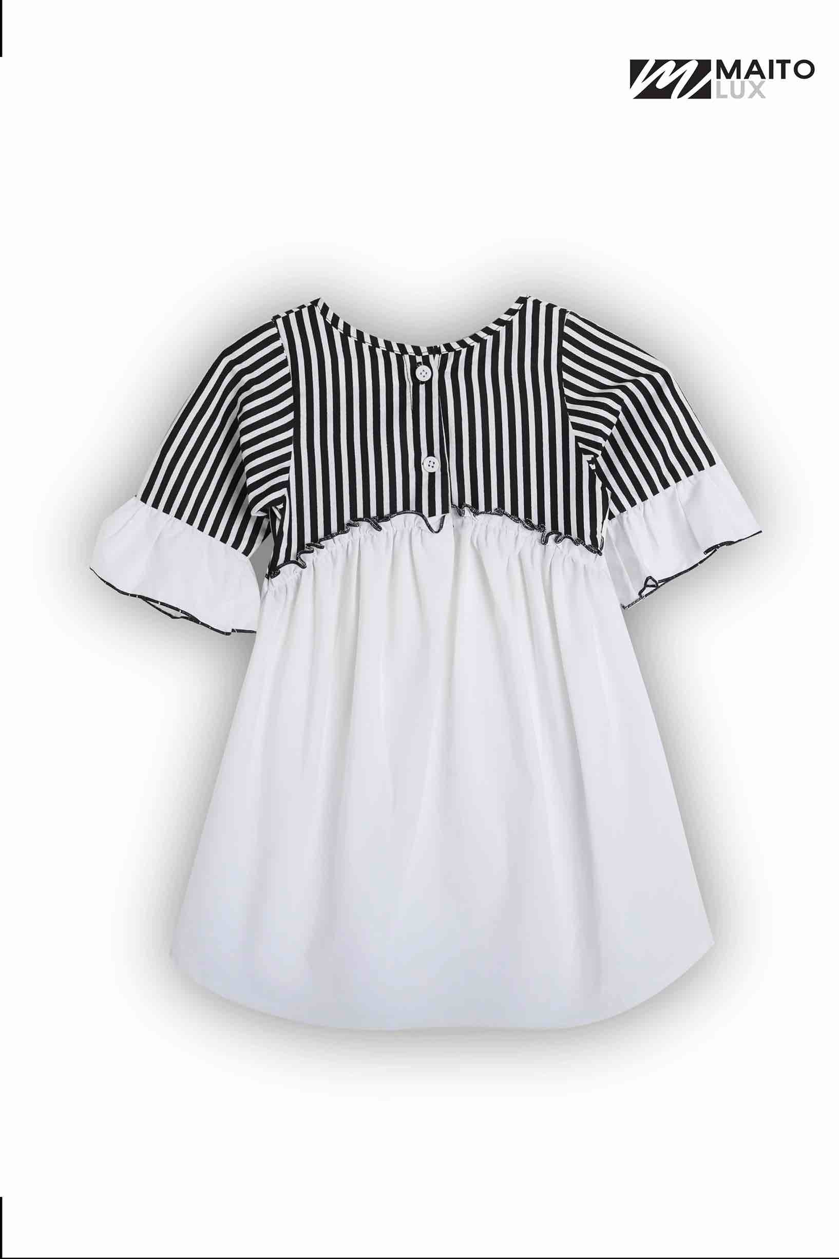Chic Contrast Striped Ruffle Dress for Girls