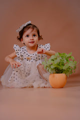 Baby Girl White Polka Dot Party Dress with Bow & Tulle Skirt – Kids Birthday Outfit