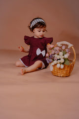 Maroon Striped Flutter Sleeve Top with White Shorts – Baby Girl Outfit Set