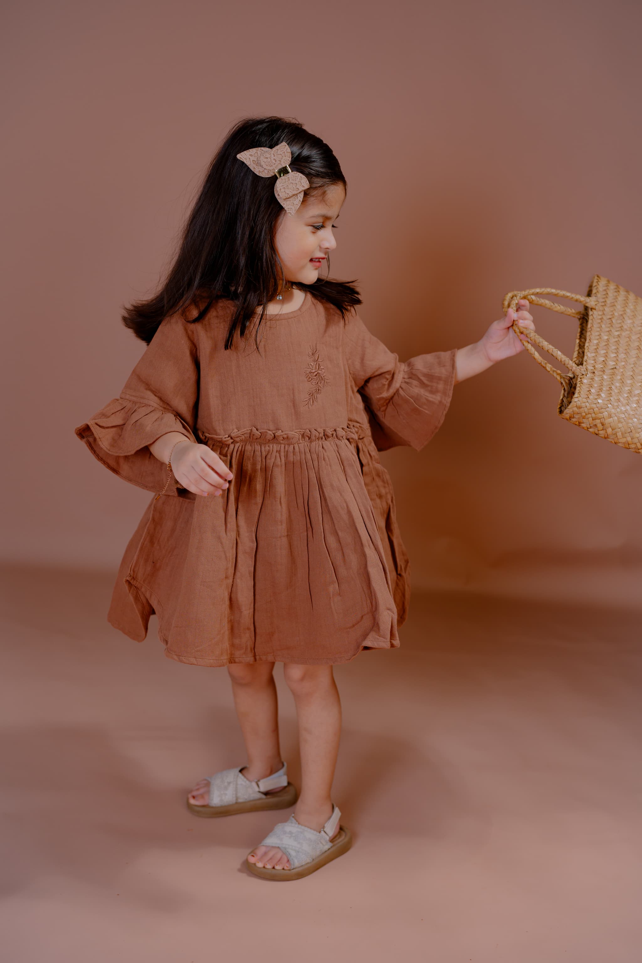 Girls Brown Cotton Flared Dress with Embroidery and Bell Sleeves – Casual & Party Wear