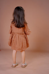 Girls Brown Cotton Flared Dress with Embroidery and Bell Sleeves – Casual & Party Wear