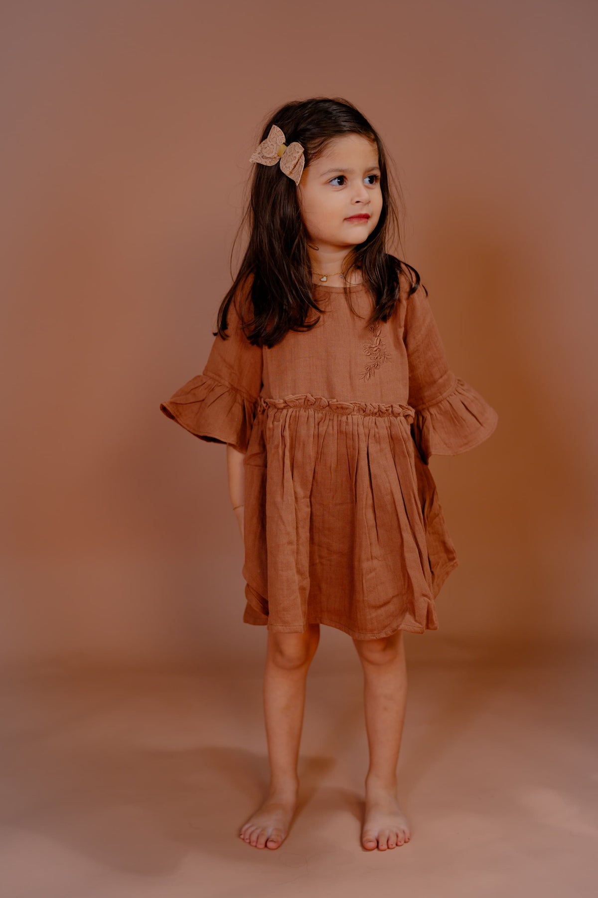 Girls Brown Cotton Flared Dress with Embroidery and Bell Sleeves – Casual & Party Wear