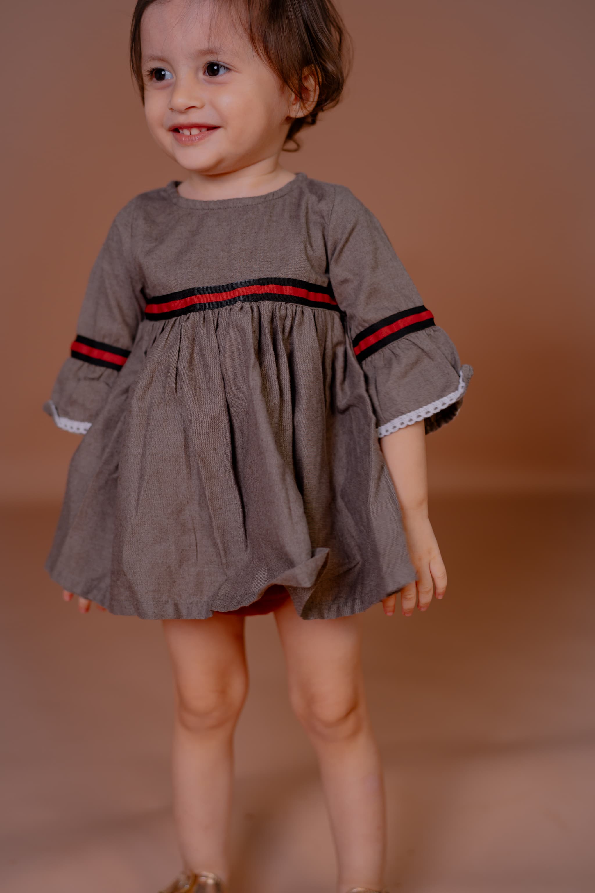 Vintage Charm Bell-Sleeve Dress - Classic Stripe Accents