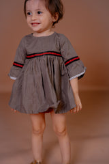 Vintage Charm Bell-Sleeve Dress - Classic Stripe Accents