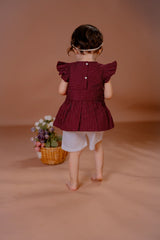 Maroon Striped Flutter Sleeve Top with White Shorts – Baby Girl Outfit Set