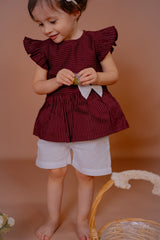 Maroon Striped Flutter Sleeve Top with White Shorts – Baby Girl Outfit Set